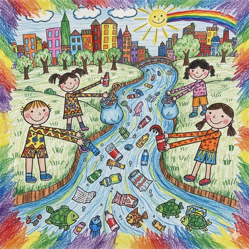 Cảnh học sinh nhặt rác trong tranh