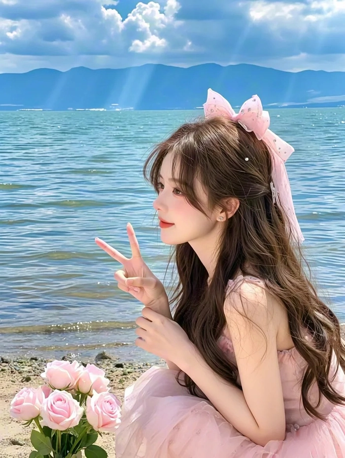 Gái xinh đi biển mặc pinky trẻ trung