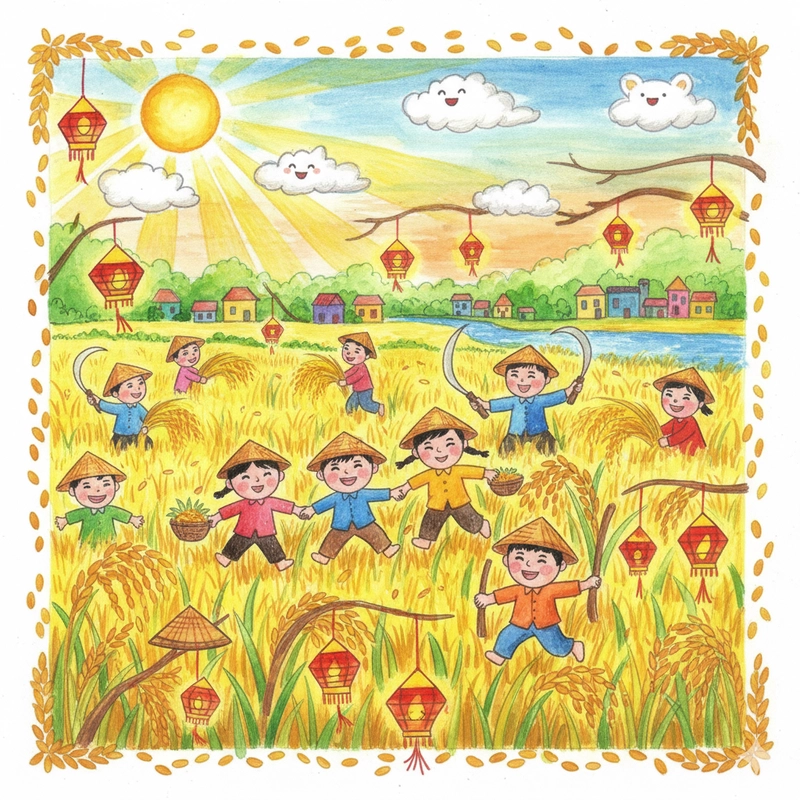 Hình ảnh tranh vẽ người nông dân đang gặt lúa