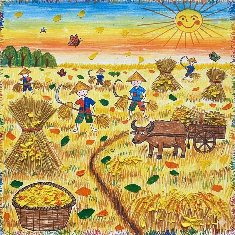 Hình ảnh vẽ tranh gặt lúa đơn giản
