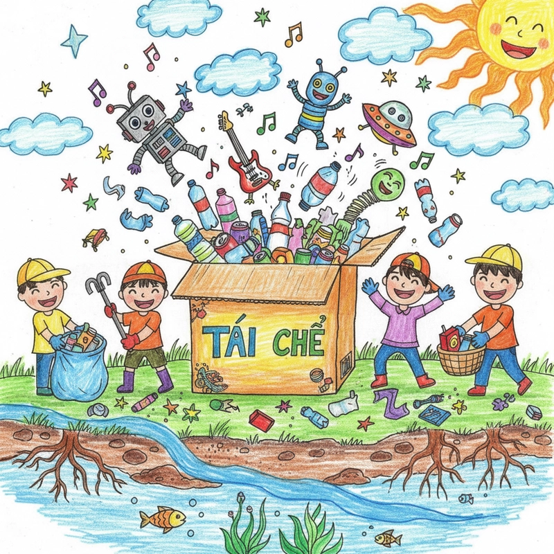 Hình ảnh vẽ tranh nhặt rác ở biển