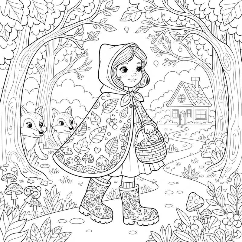 Hình cô bé quàng khăn đỏ cho bé tô màu