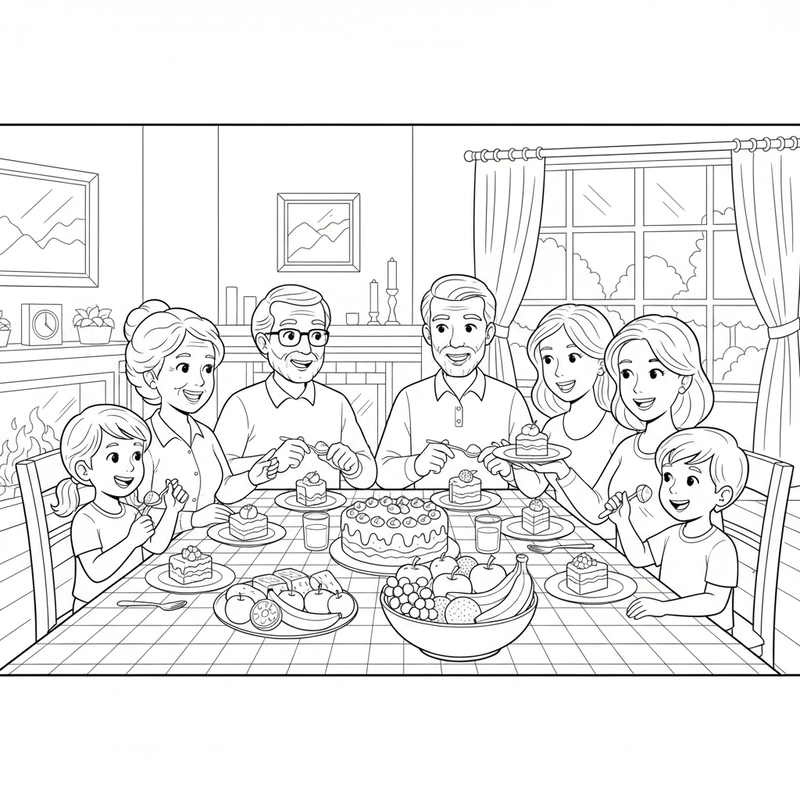 Hình tô màu bữa cơm đoàn tụ trong gia đình