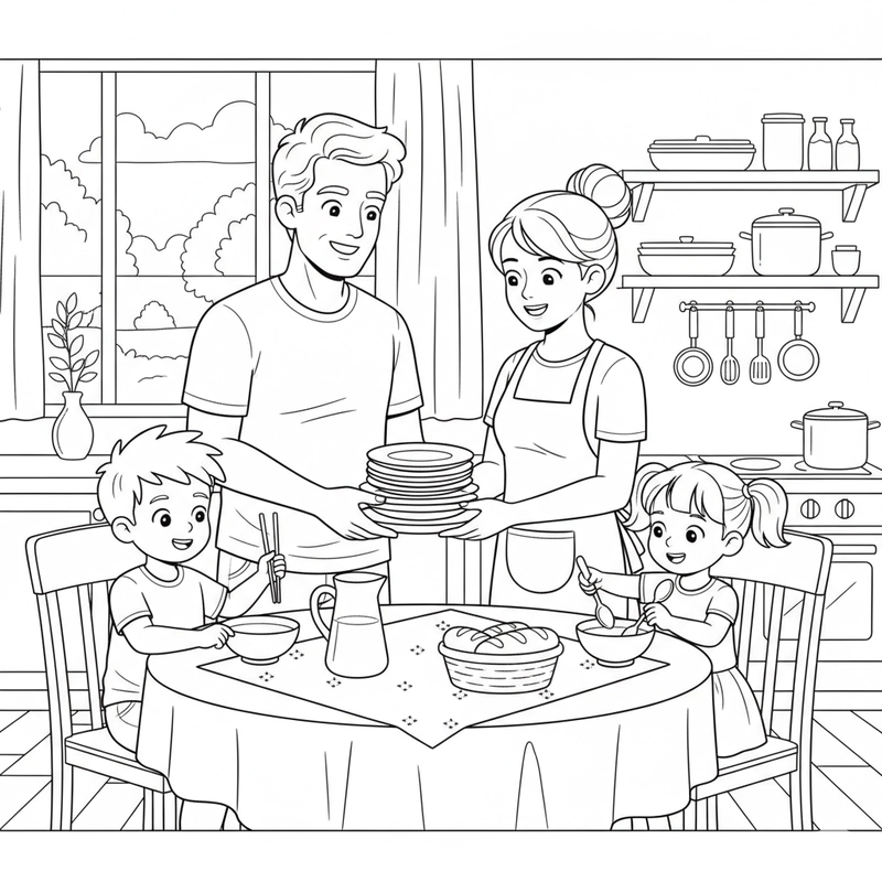 Hình tô màu bữa cơm gia đình có bé nhỏ