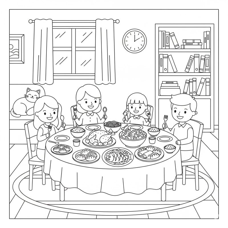 Hình tô màu bữa cơm gia đình vui vẻ