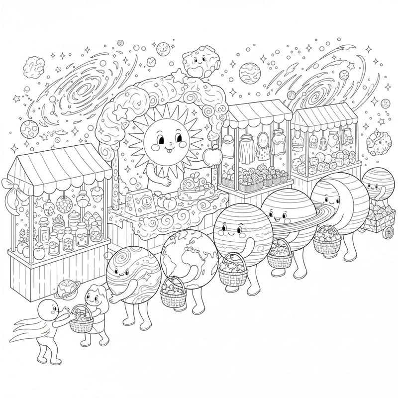 Hình tô màu các hành tinh dễ thương