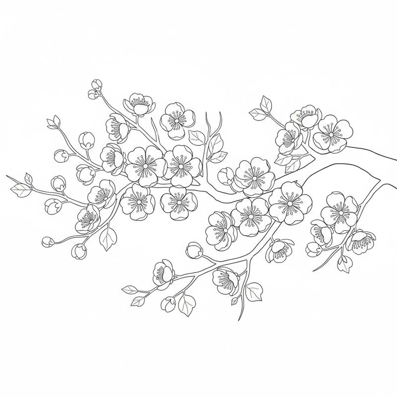 Hình tô màu cành hoa mai đơn giản