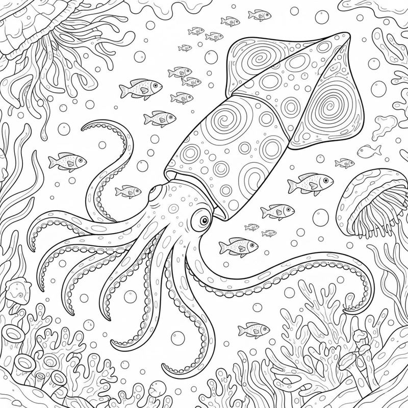 Hình tô màu con mực dễ thương luyện nét