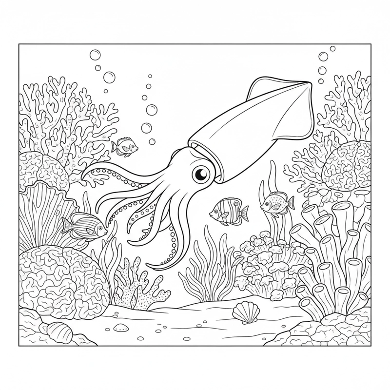 Hình tô màu con mực giúp bé tập nhận diện