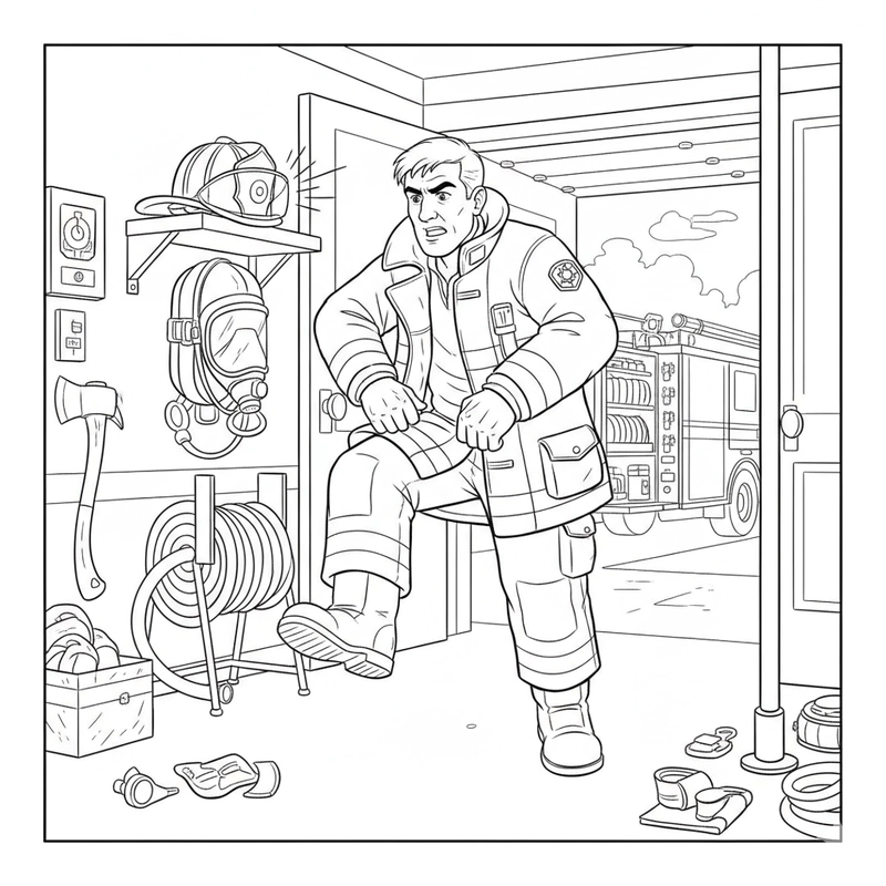 Hình tô màu lính cứu hỏa chuẩn bị đồ dùng dập lửa