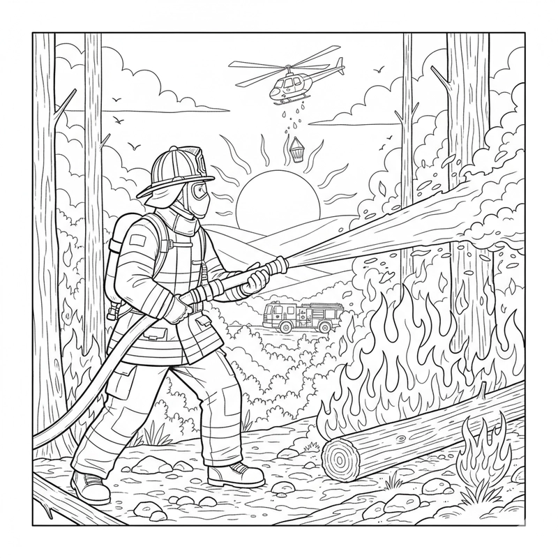 Hình tô màu lính cứu hỏa một khu rừng cháy