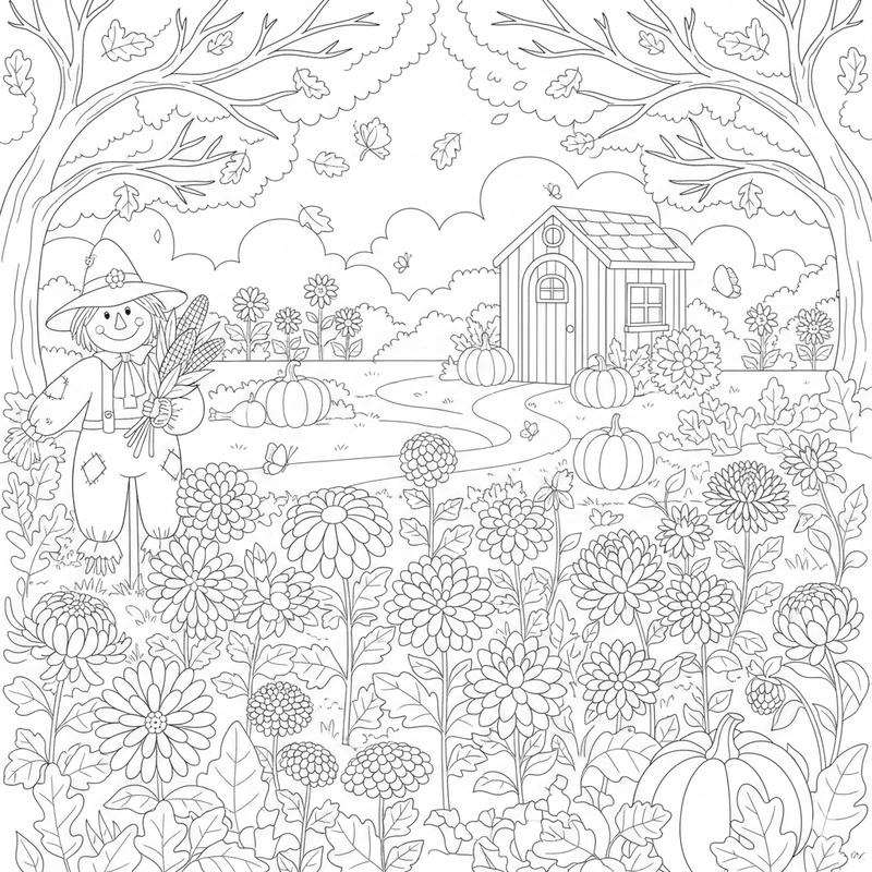 Hình tô màu mùa thu với lá vàng rơi