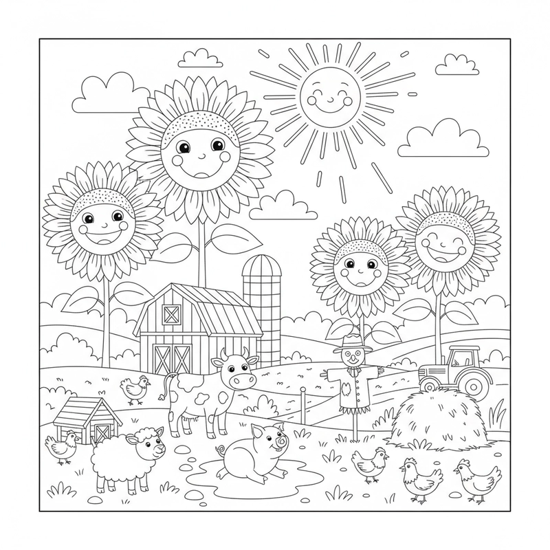 Hình tô màu nông trại dễ thương