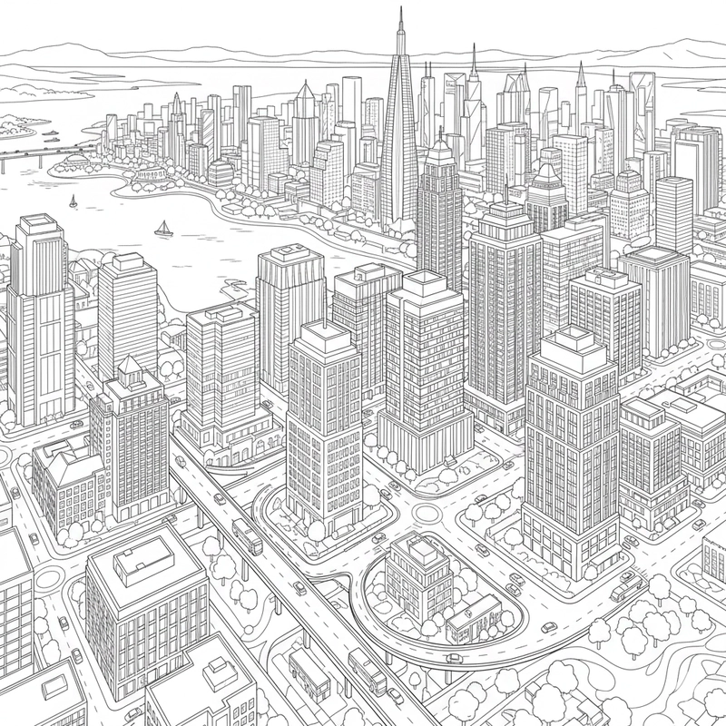 Hình tô màu phố thị tấp nập