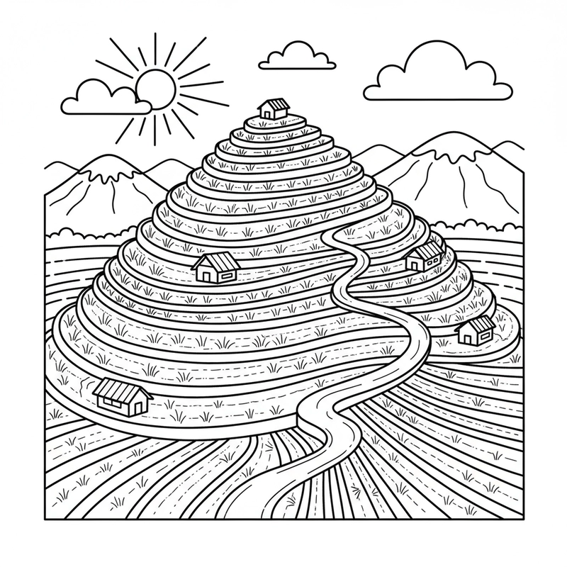 Hình tô màu ruộng bậc thang ngộ nghĩnh