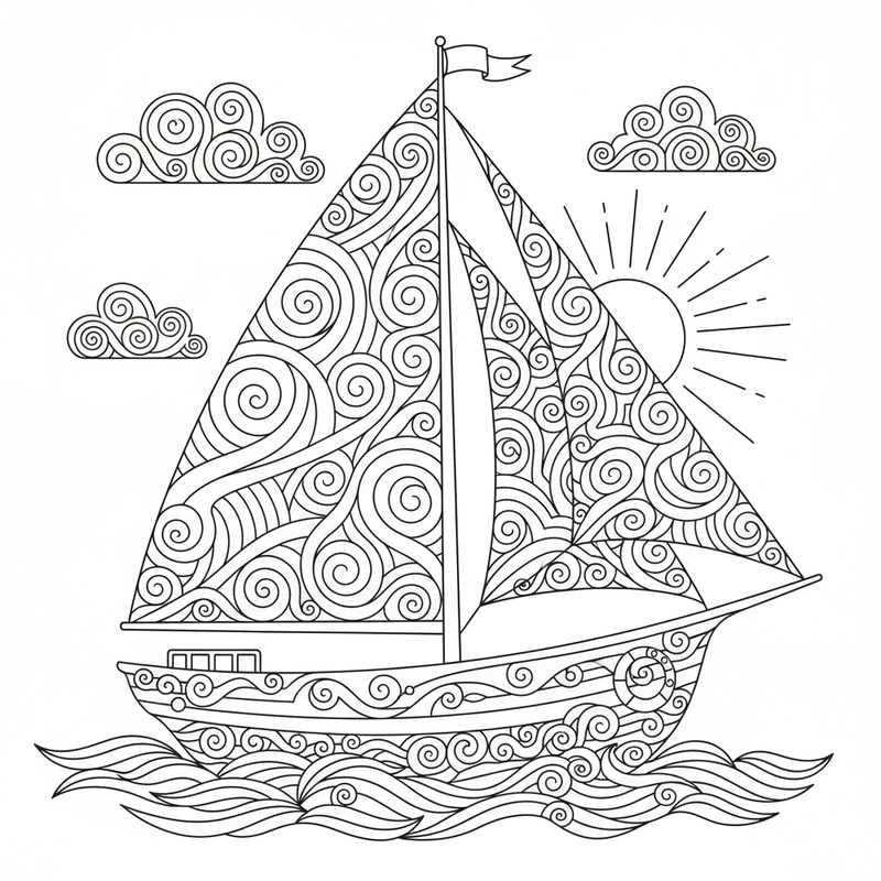 Hình tô màu thuyền buồm có sóng biển