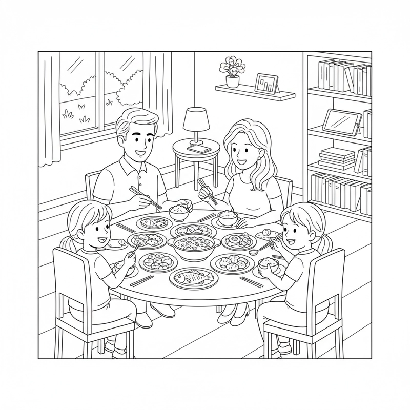 Hình vẽ tô màu bữa ăn gia đình cho bé