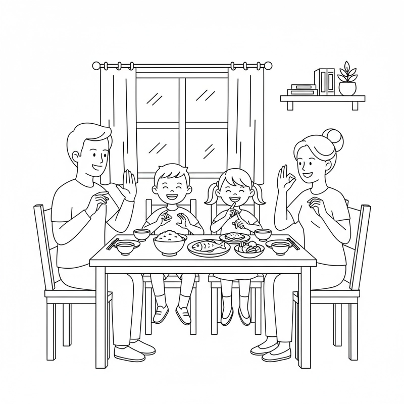 Hình vẽ tô màu bữa cơm gia đình ấm cúng