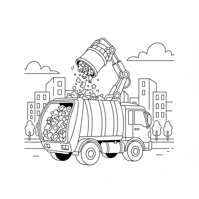 Hình xe chở rác tô màu đơn giản cho bé