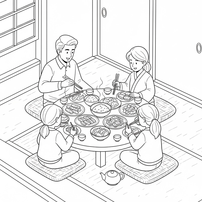 Tô màu bữa cơm gia đình giản dị và vui tươi