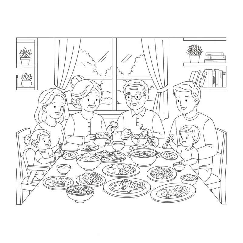 Tô màu cảnh bữa cơm gia đình quây quần