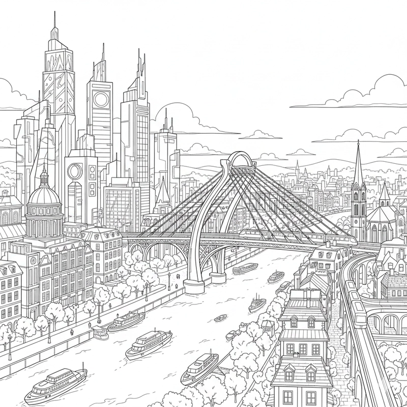 Tô màu cầu và sông trong thành phố