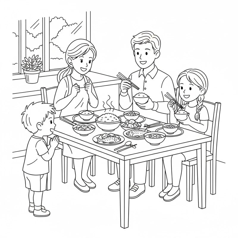 Tô màu hình ảnh gia đình ăn cơm cùng nhau