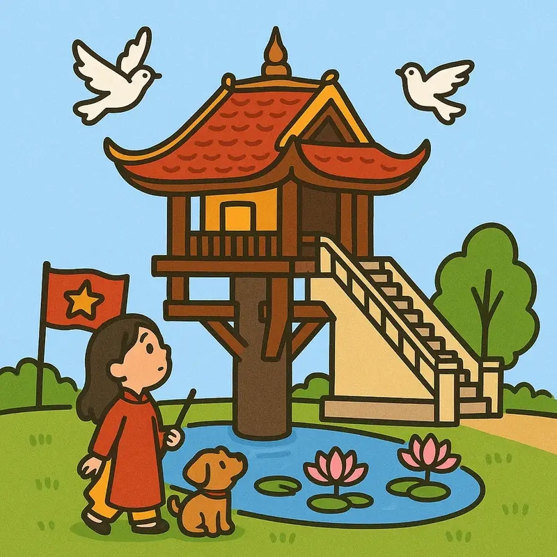 Tranh Chùa Một Cột đơn giản nhẹ nhàng