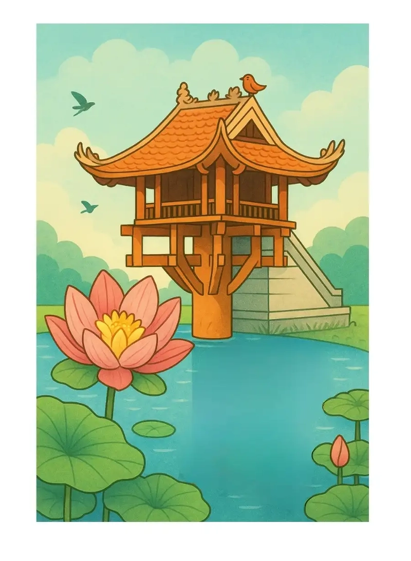 Tranh Chùa Một Cột nét tối giản