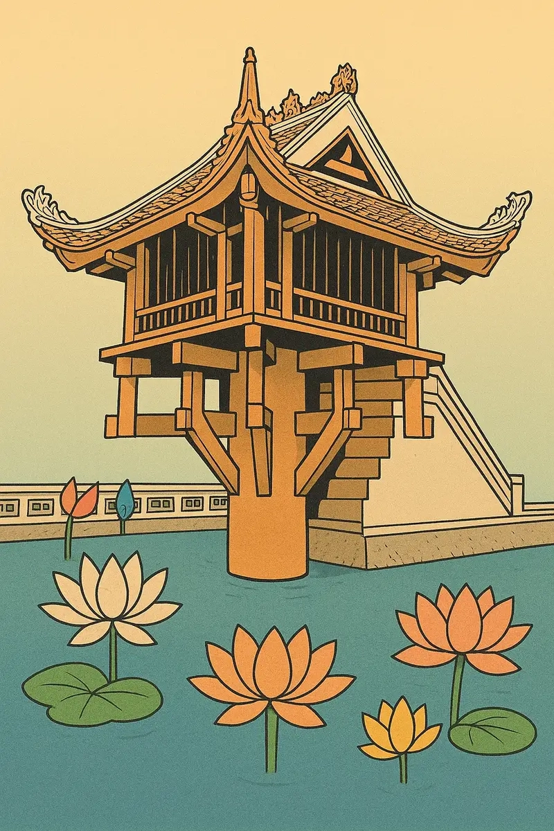 Tranh cảnh Chùa Một Cột nhẹ nhàng