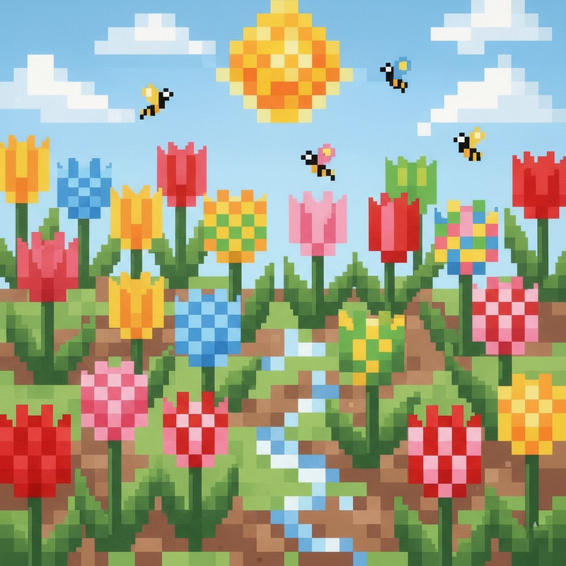 Tranh cánh đồng tulip hài hòa bố cục