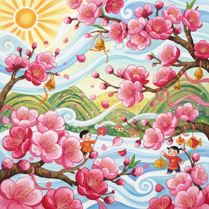 Tranh hoa đào xứ Lạng phong cảnh sáng