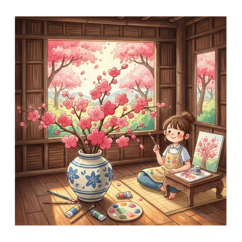 Tranh minh họa hoa đào xứ Lạng