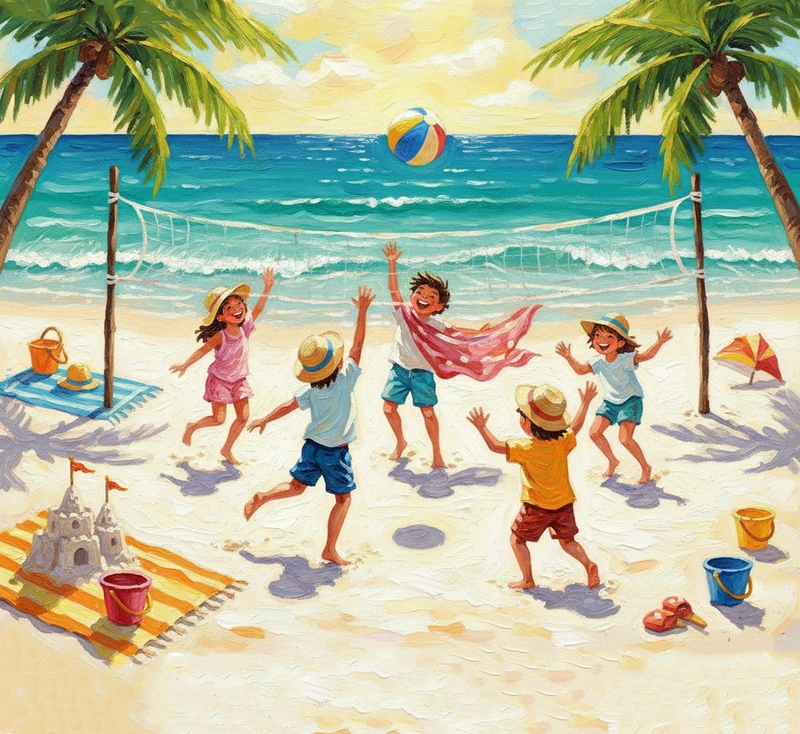 Tranh mùa hè với hoạt động vui chơi