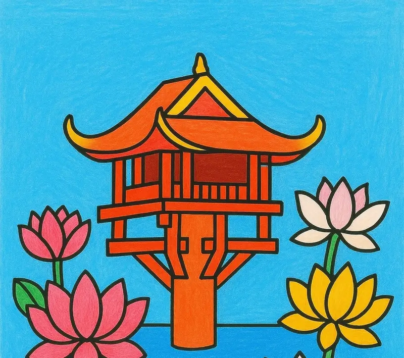 Tranh phác họa Chùa Một Cột