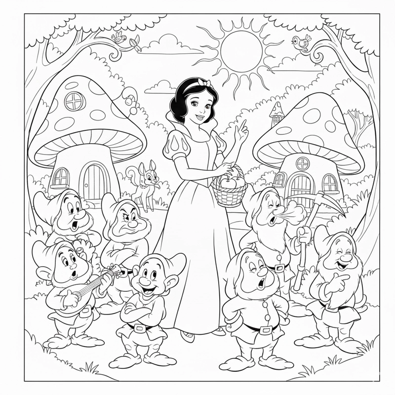 Tranh tô màu Bạch Tuyết và bảy chú lùn đơn giản