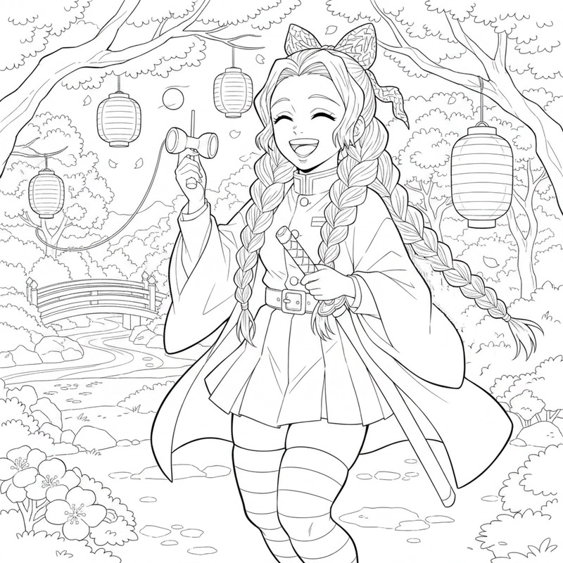 Tranh tô màu Mitsuri tóc hồng xanh đẹp mắt