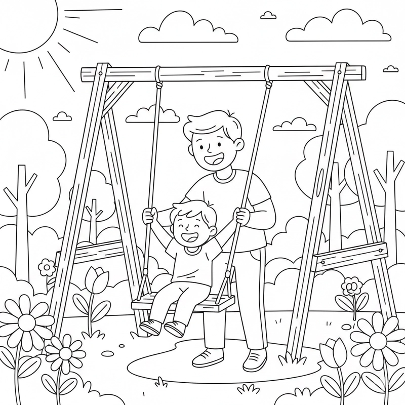 Tranh tô màu bé chơi xích đu vui vẻ
