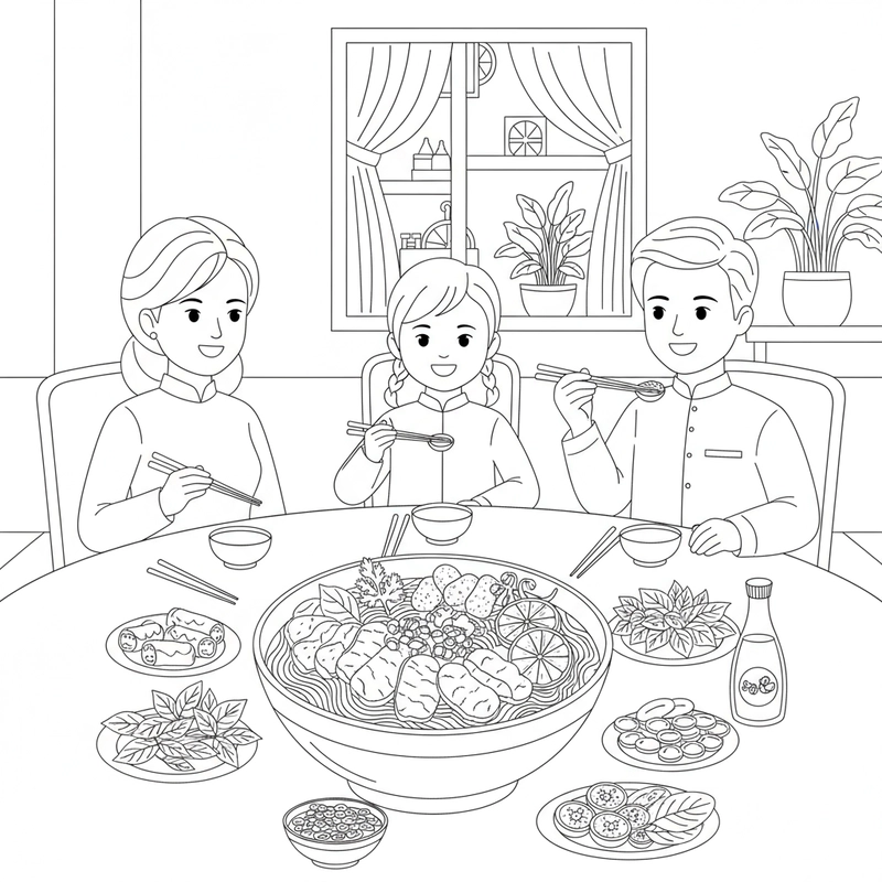 Tranh tô màu bữa cơm gia đình ấm tình thân