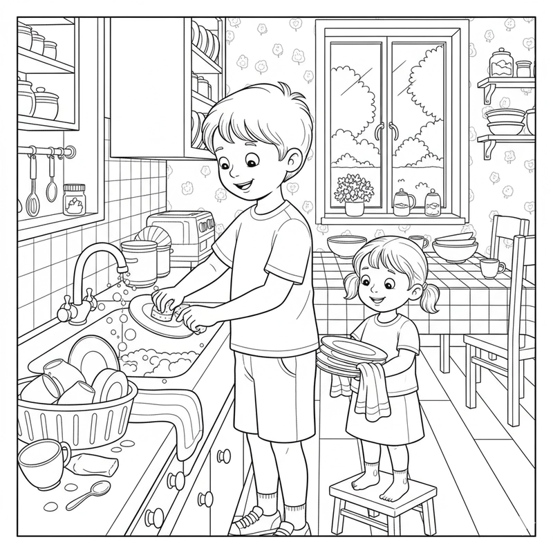 Tranh tô màu bữa cơm gia đình yêu thương