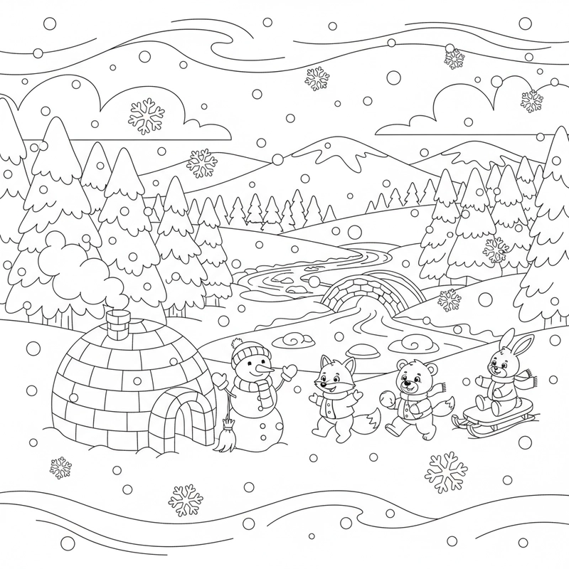 Tranh tô màu cảnh tuyết rơi