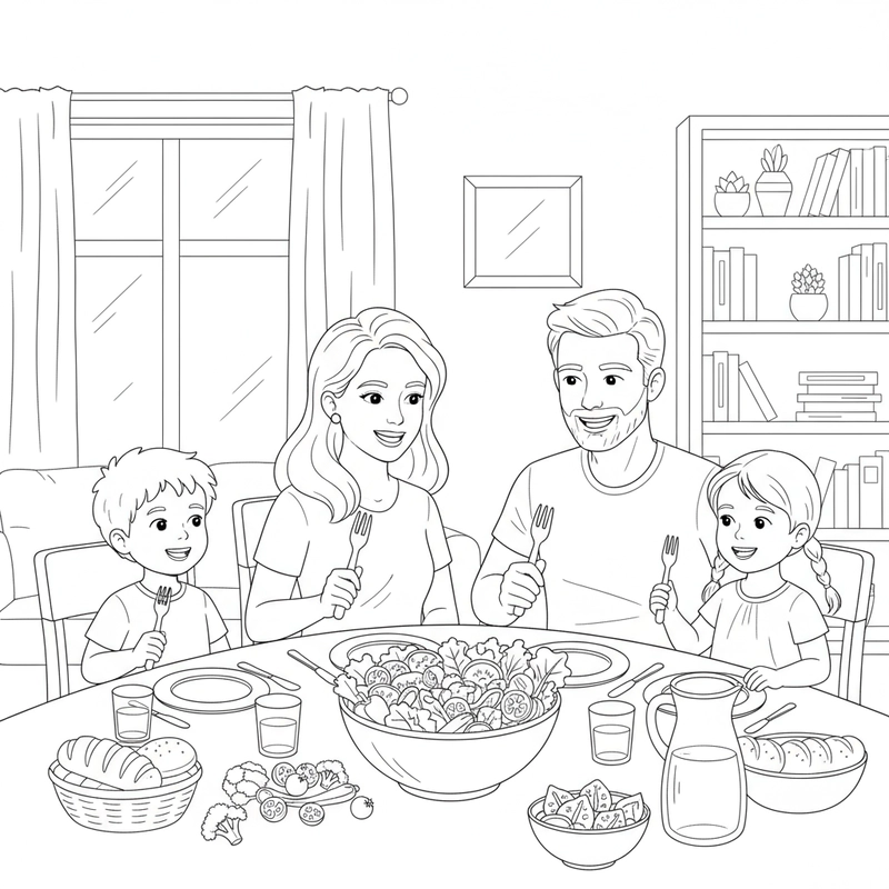 Tranh tô màu chủ đề bữa cơm gia đình