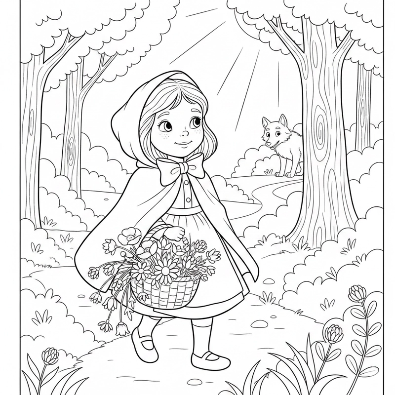 Tranh tô màu cô bé quàng khăn đỏ cổ tích