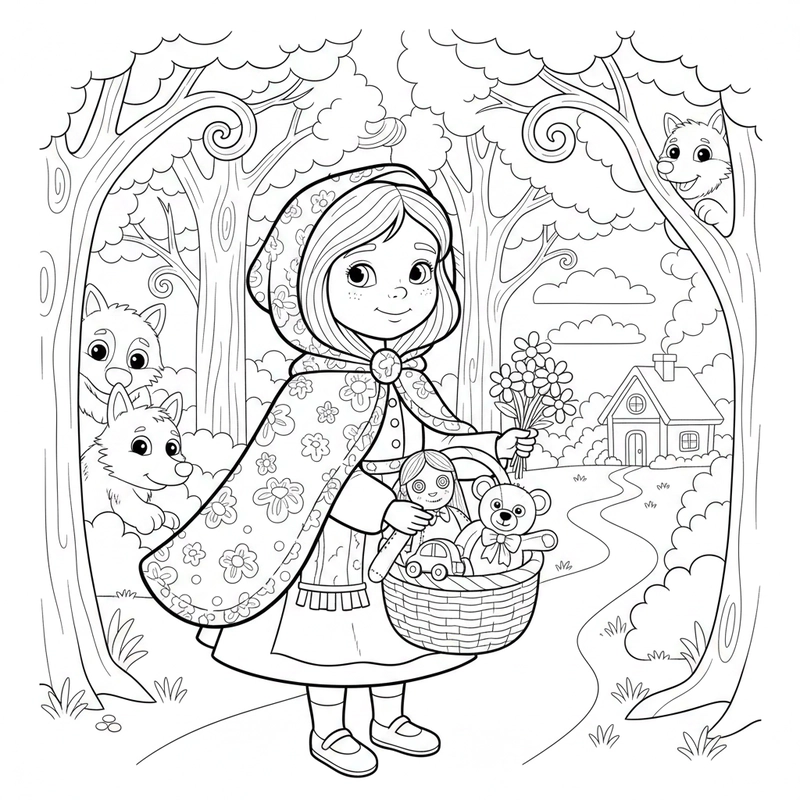 Tranh tô màu cô bé quàng khăn đỏ dễ mến