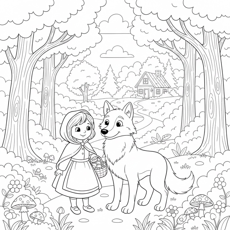 Tranh tô màu cô bé quàng khăn đỏ dễ thương