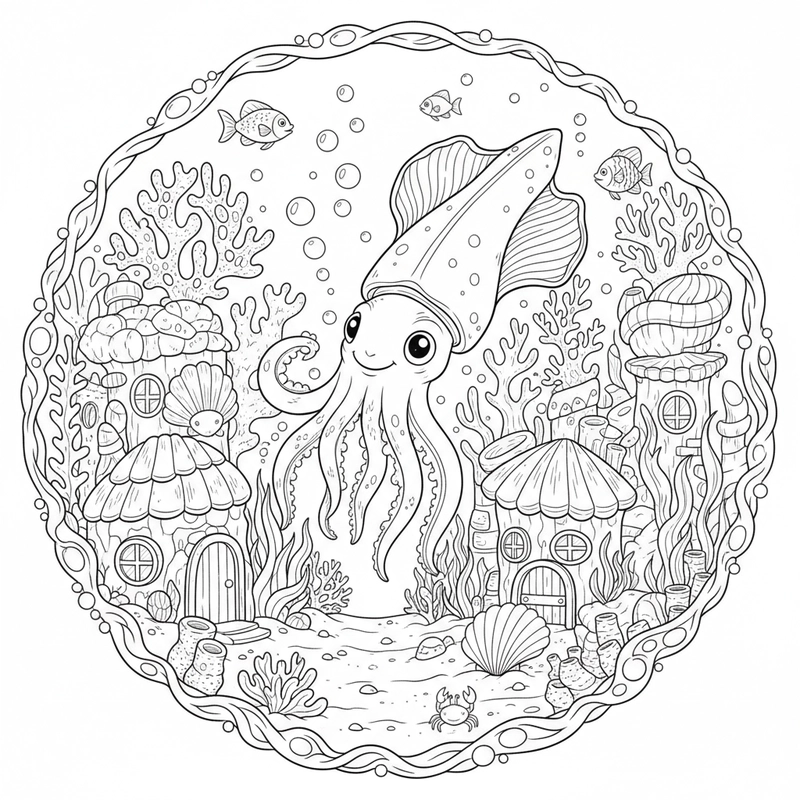 Tranh tô màu con mực dáng đáng yêu