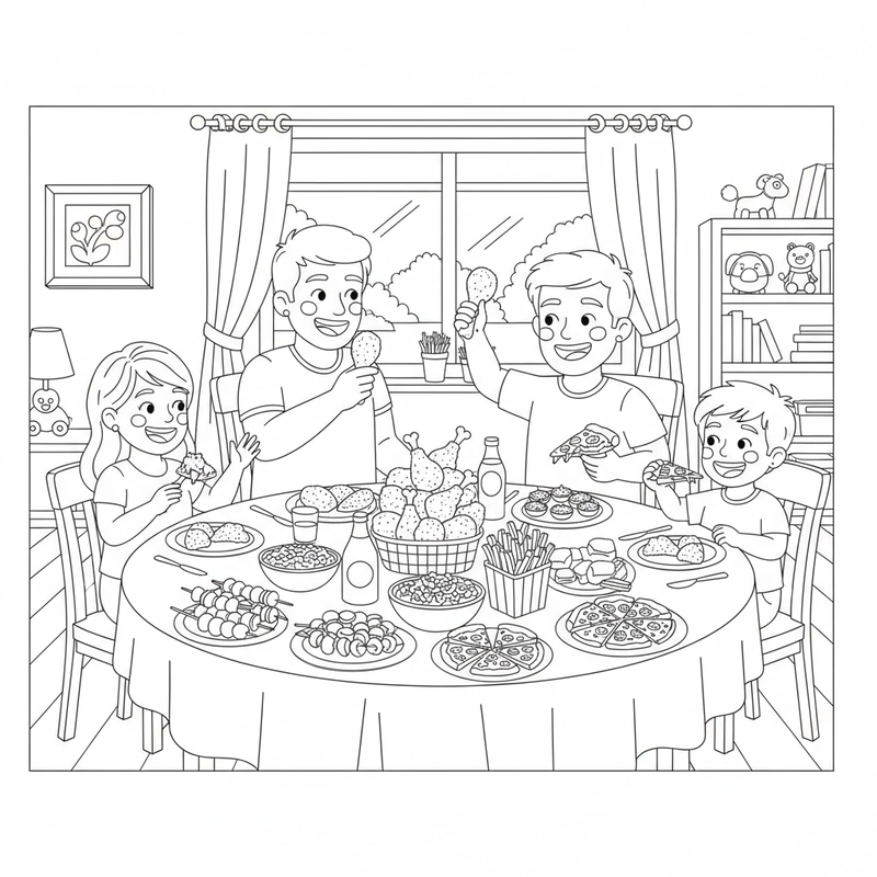 Tranh tô màu gia đình cùng ăn cơm