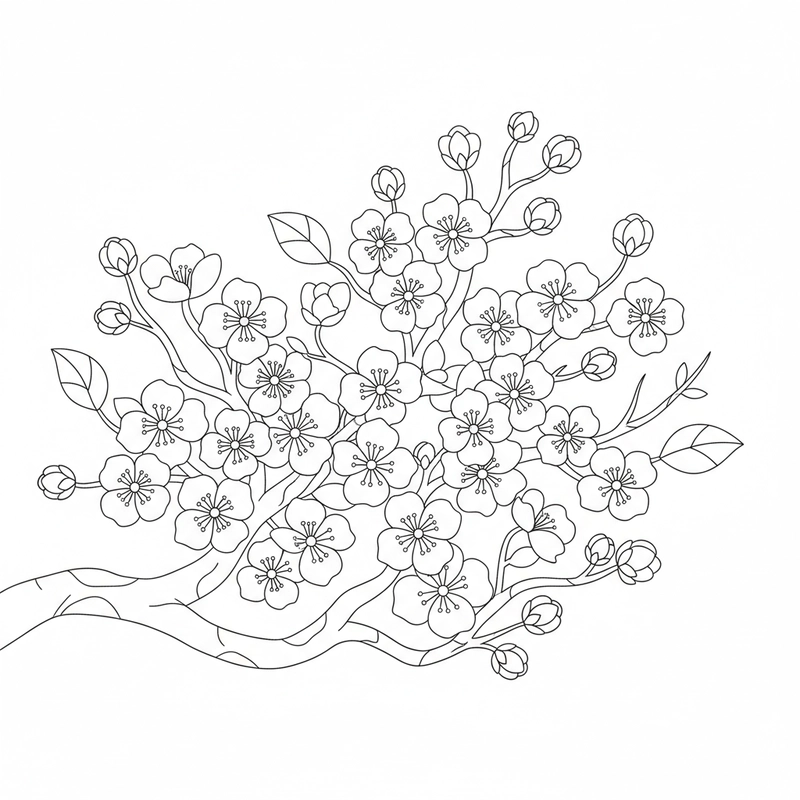 Tranh tô màu hoa mai và chồi non