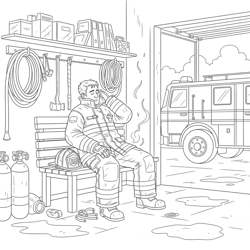Tranh tô màu lính cứu hỏa sau khi hoàn thành nhiệm vụ