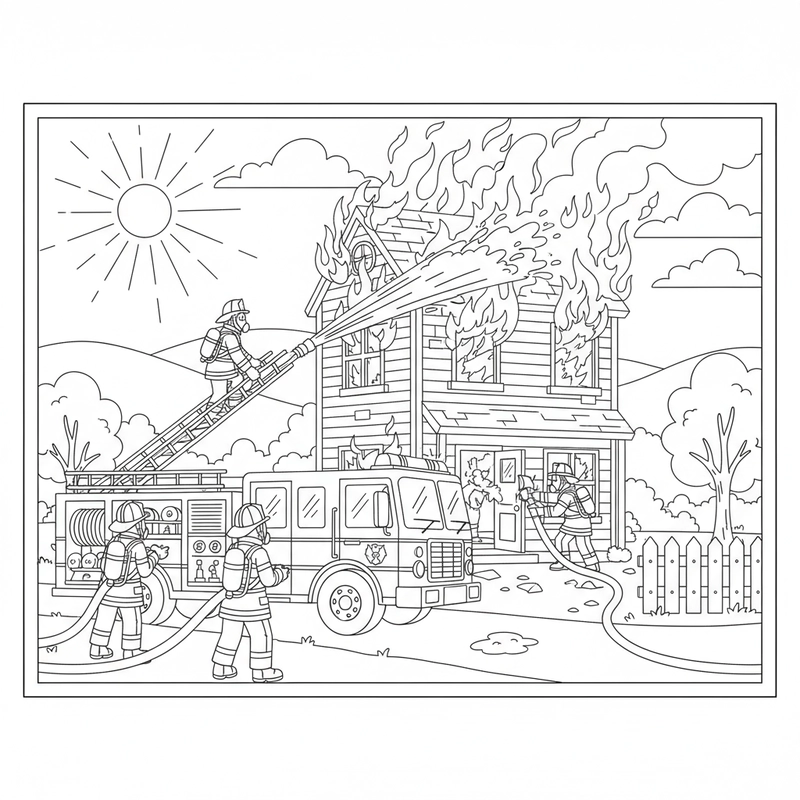 Tranh tô màu lính cứu hỏa xe cứu hỏa